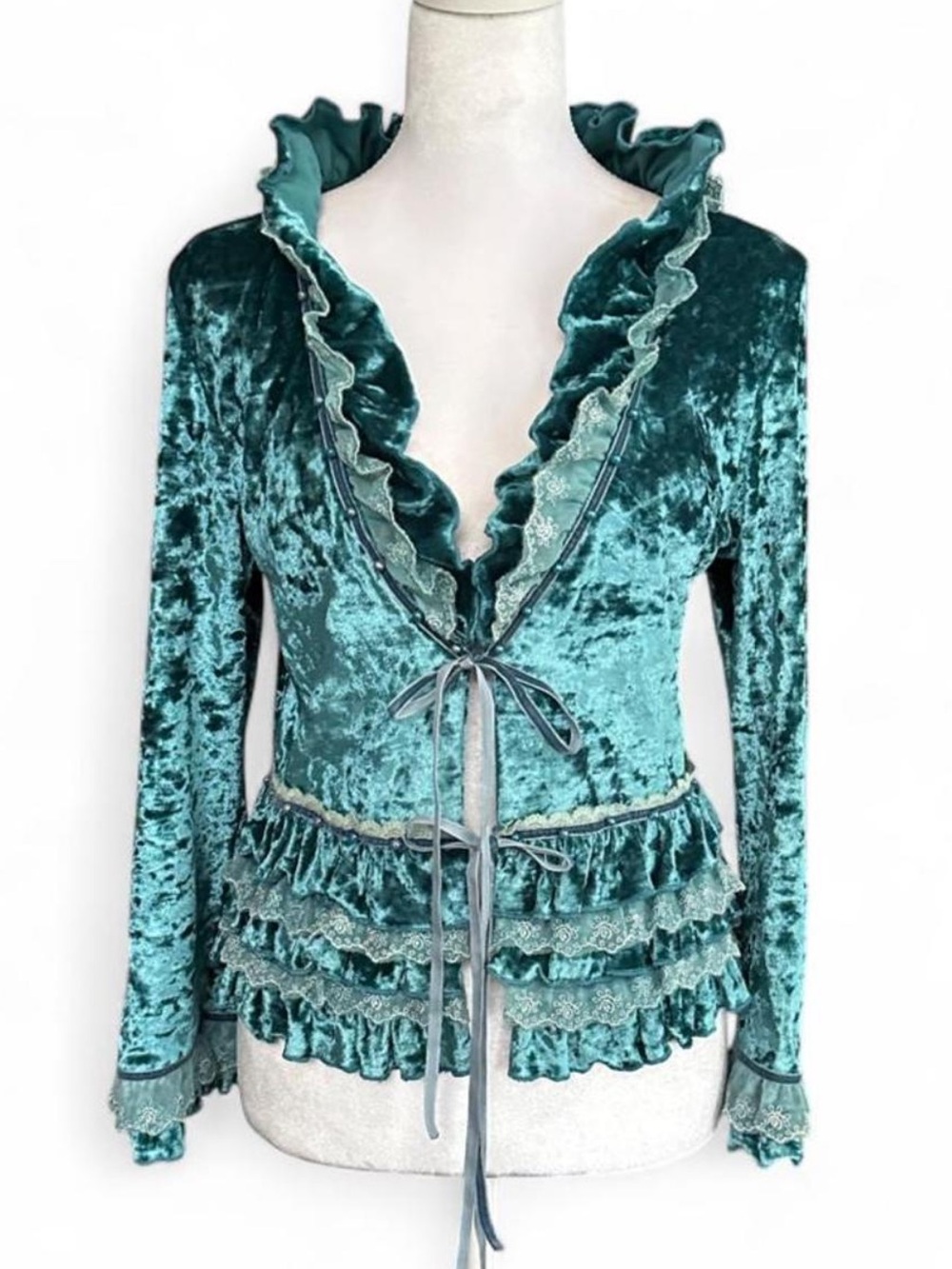 Pretty Angel Teal Velvet Ruffle Tie-Front Blouse